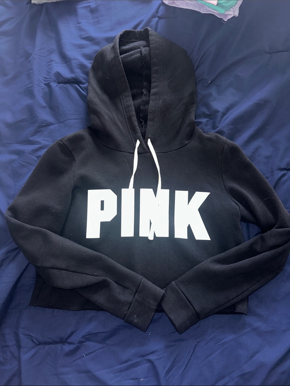 PINK Victoria's Secret Black Cropped Hoodie with White Logo